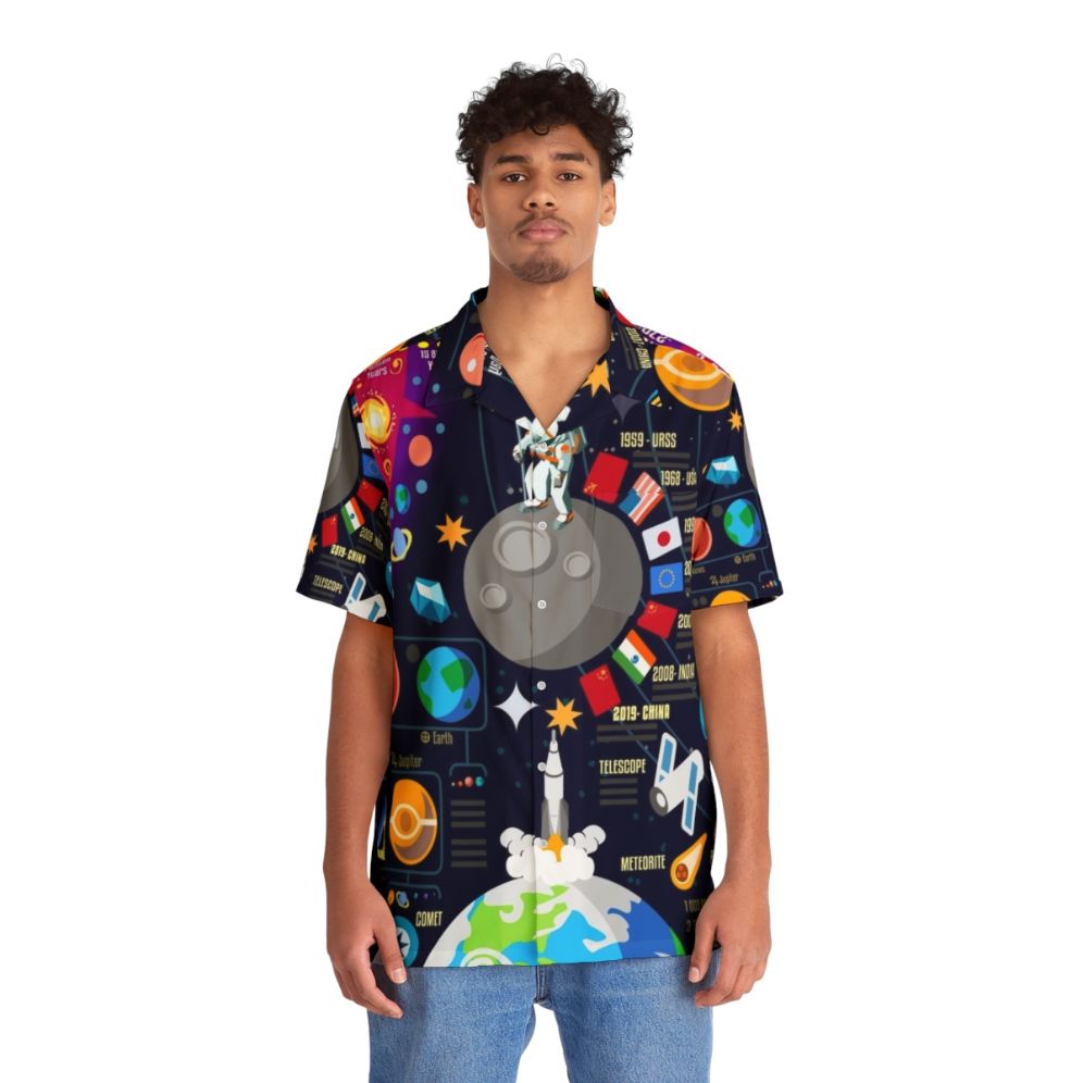 Space-themed Hawaiian shirt with infographic design of the universe, big bang, planets, and celestial elements - People Front