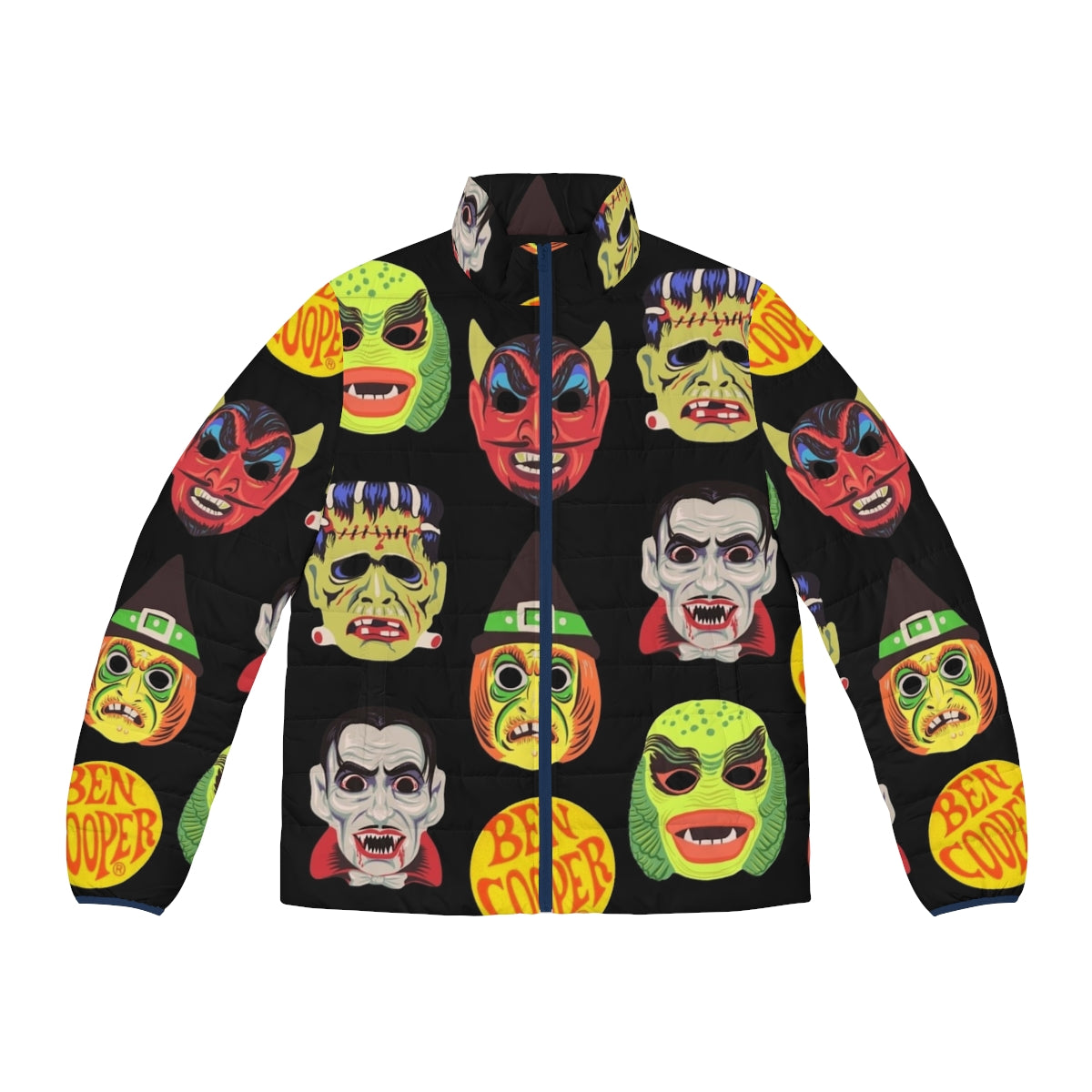 Vintage Halloween Masks Puffer Jacket featuring classic Universal Monsters