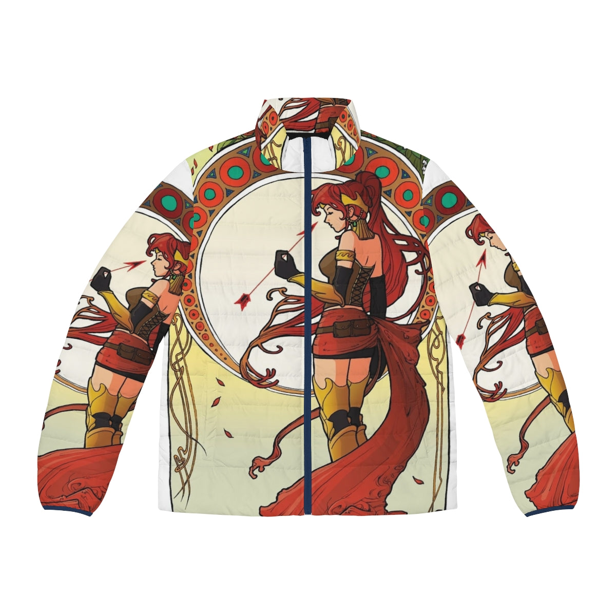 A puffer jacket featuring a striking anime-inspired graphic design with a redhead gladiator character