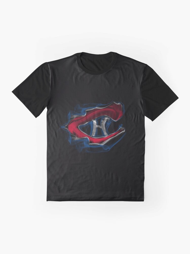 A unique and interesting smoke graphic t-shirt featuring the Montreal Canadiens hockey team logo. - Flat lay