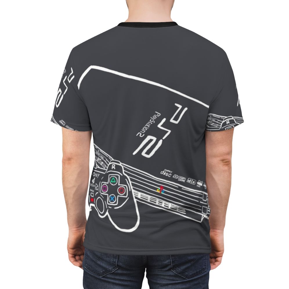 Retro gaming t-shirt featuring a vintage Playstation console design - men back