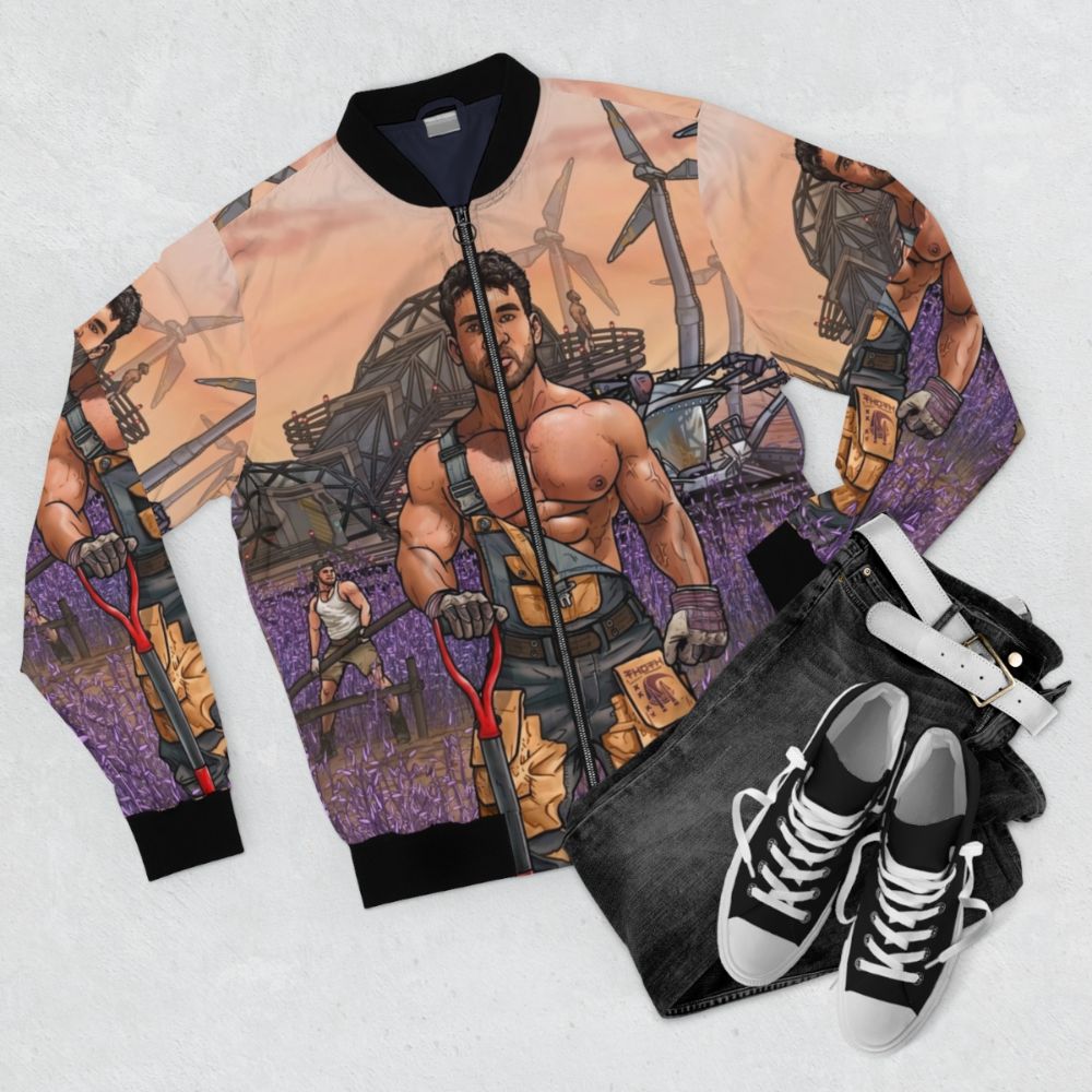 Gay sci-fi inspired bomber jacket from the Mars Sanctum collection - Flat lay