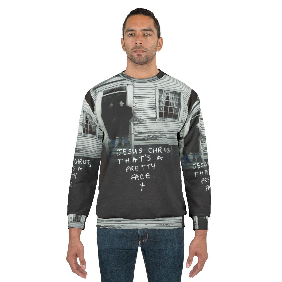 A new brand sweatshirt featuring a graphic design of Jesus Christ - men