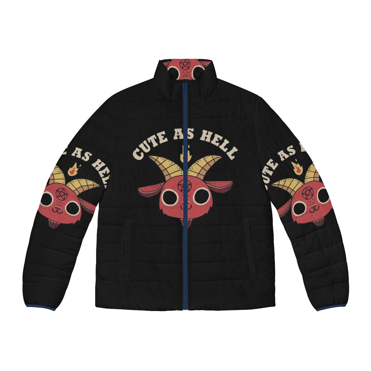 Retro-inspired puffer jacket with a cute devil/demon character design