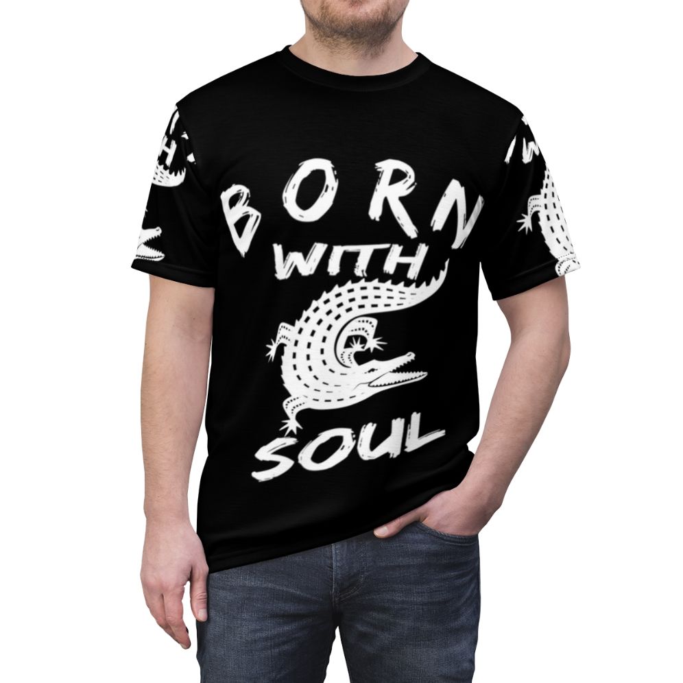 Model wearing a t-shirt with an alligator soul design - men front