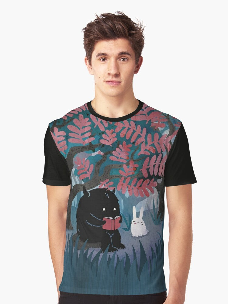 Illustration of a cute monster and bunny reading a book in a peaceful forest, featuring the text "Quiet Spot Graphic T-Shirt". - Men