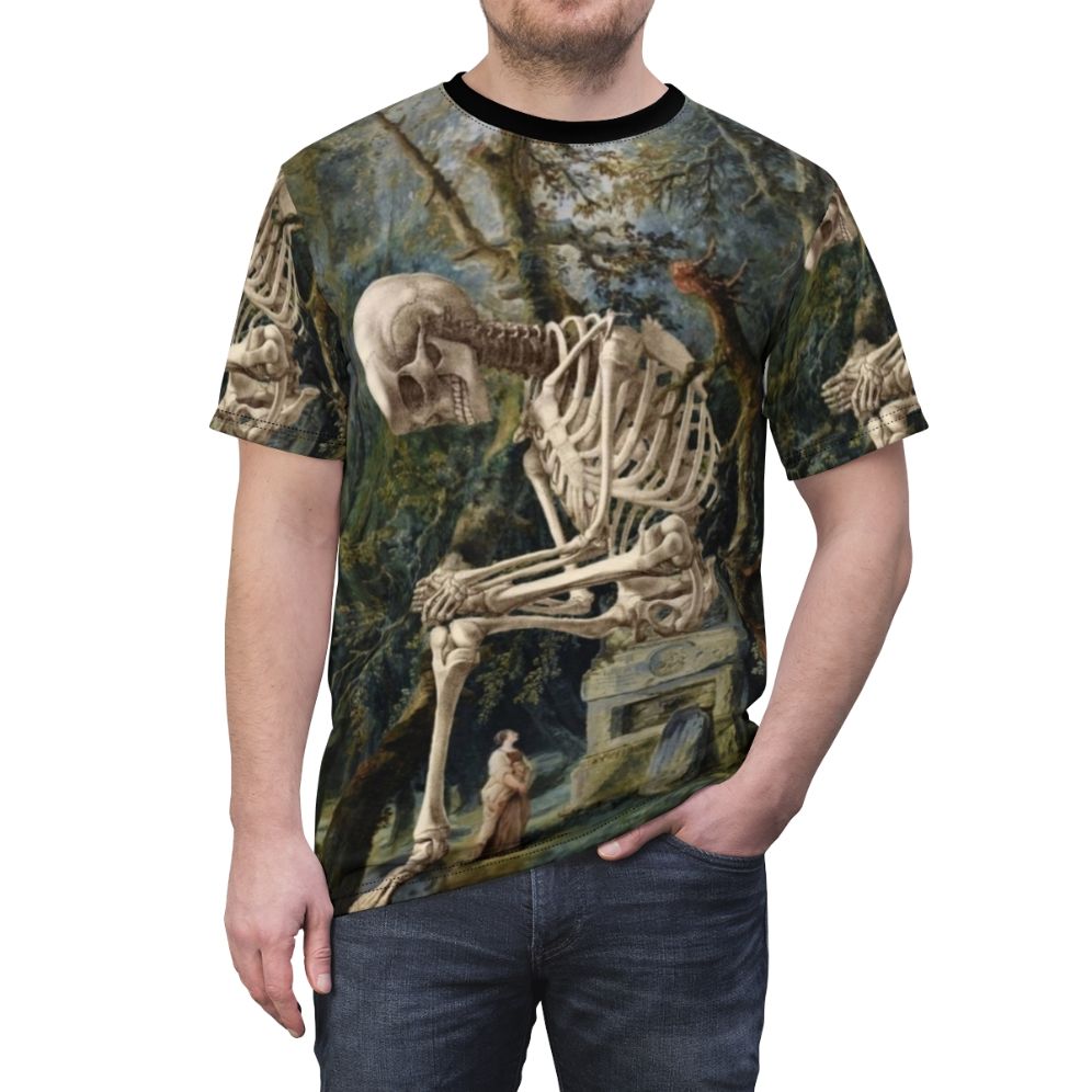 Surreal portrait t-shirt with pop surrealism and dark collage art design featuring a skull and skeleton - men front