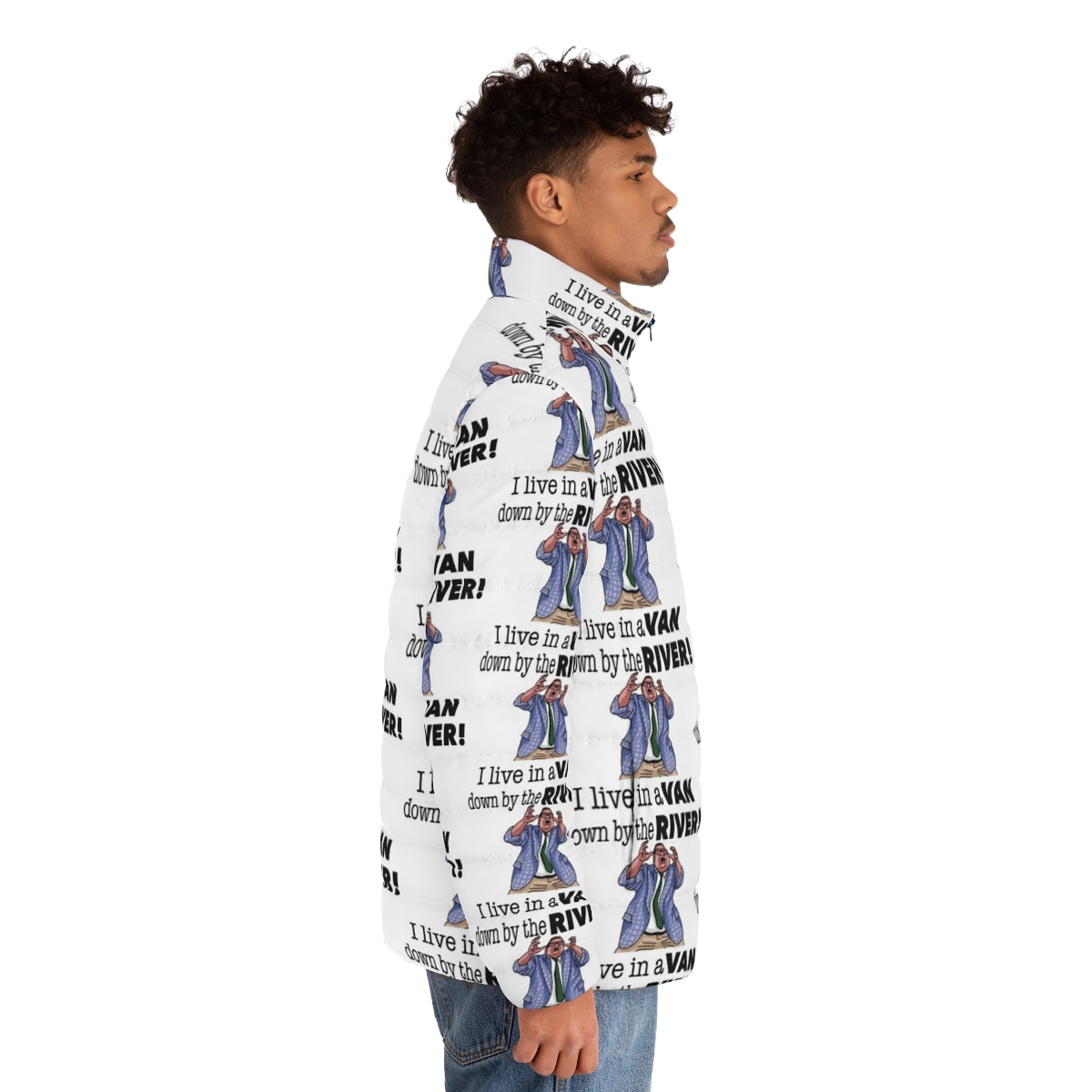 Matt Foley Raised Hands Puffer Jacket, featuring Chris Farley's iconic SNL character - men side right