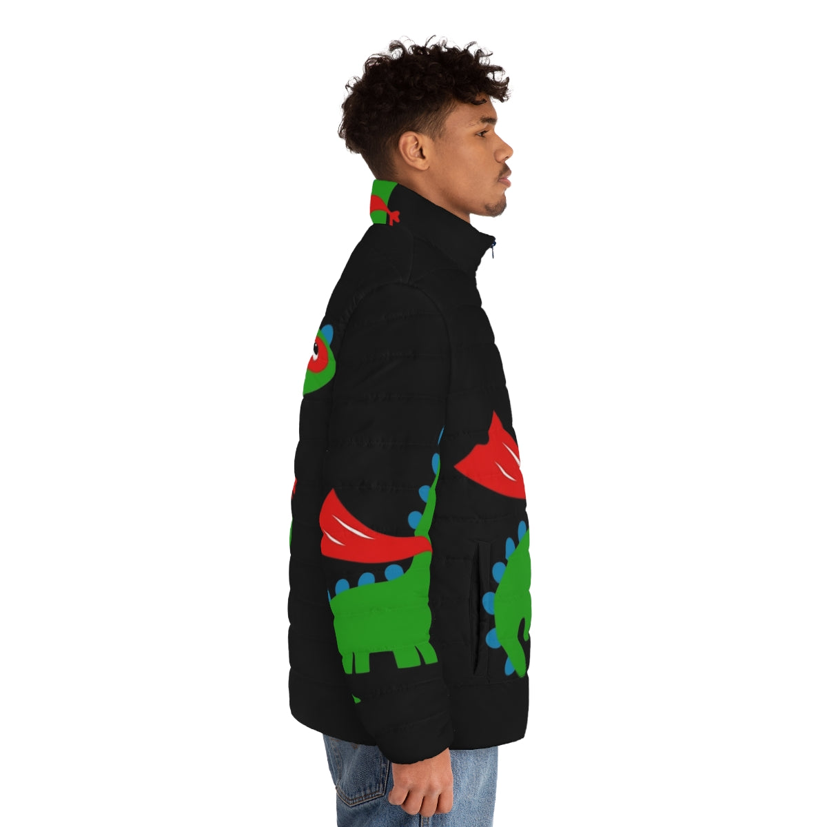 Kid wearing a colorful dinosaur superhero puffer jacket - men side right