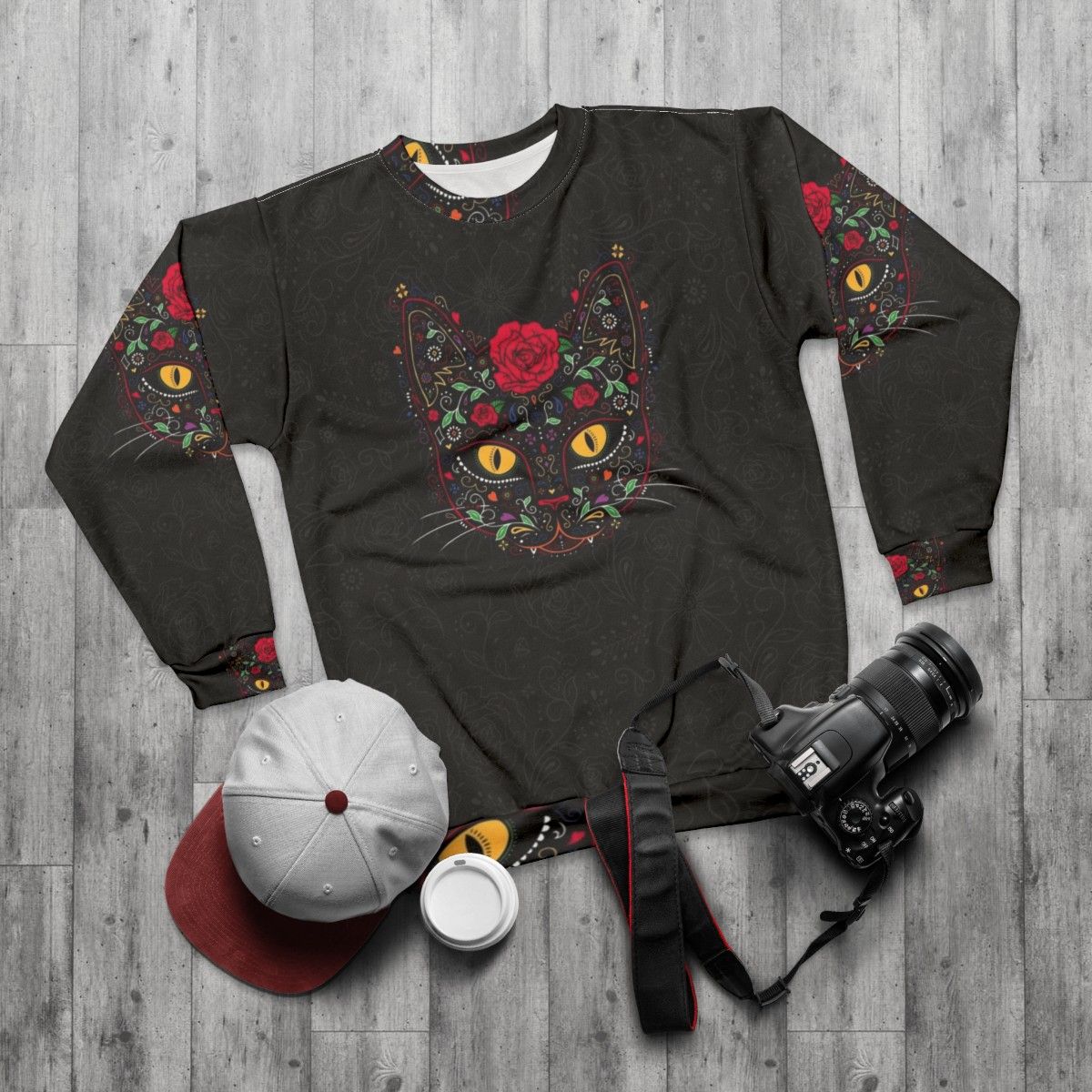 Day of the Dead Kitty Cat Sugar Skull Sweatshirt - flat lay