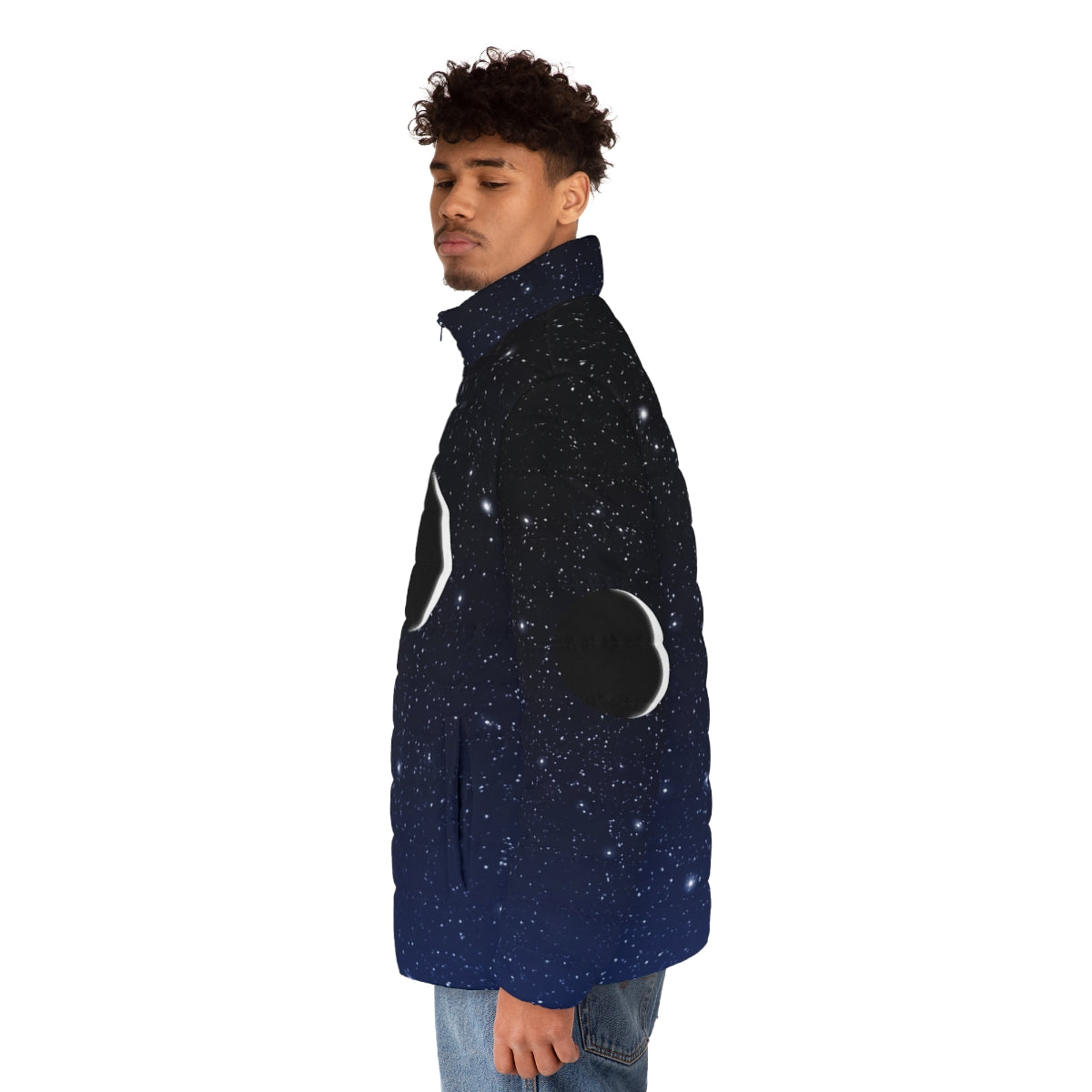 Midnight blue puffer jacket featuring a starry night sky and crescent moon design - men side left