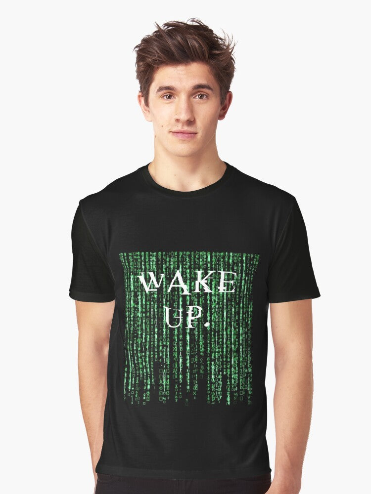 Matrix-inspired graphic t-shirt featuring the quote "Wake up, Neo" and iconic imagery from the sci-fi film. - Men