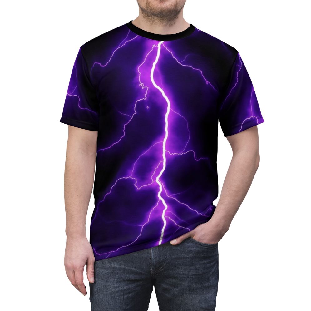 Person wearing a purple t-shirt with a striking lightning bolt design - men front