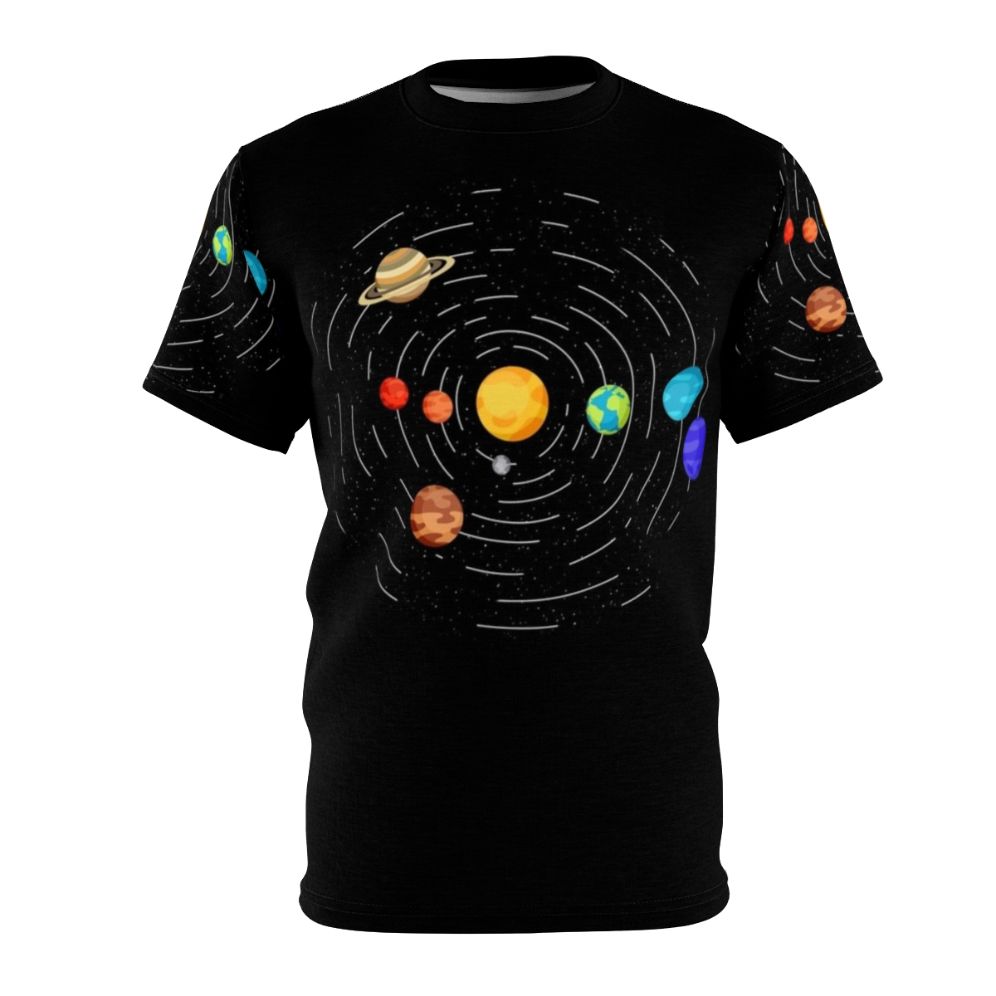 Discreet Pride Flag AOP T-Shirt featuring a minimalist, subtle design with a rainbow flag and space/planets motif.