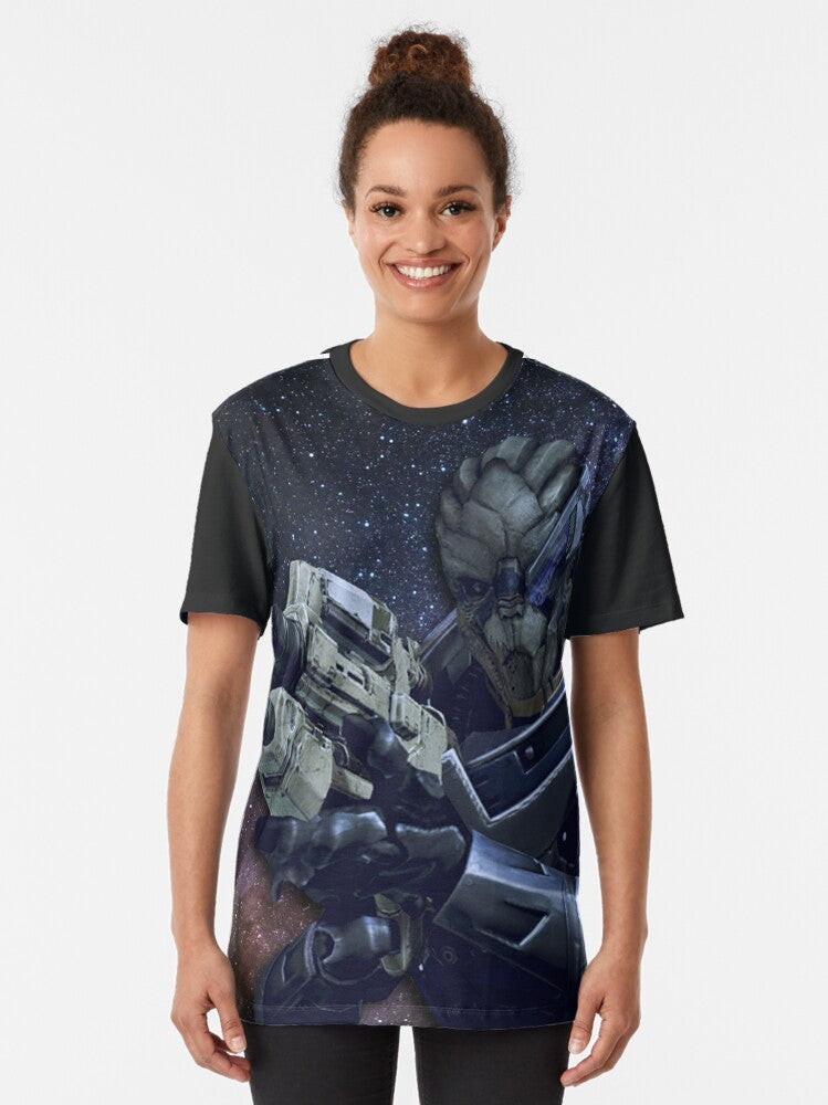 Mass Effect Garrus Vakarian Graphic T-Shirt featuring the character Garrus Vakarian, a turian sniper and ally in the Mass Effect video game series. - Women