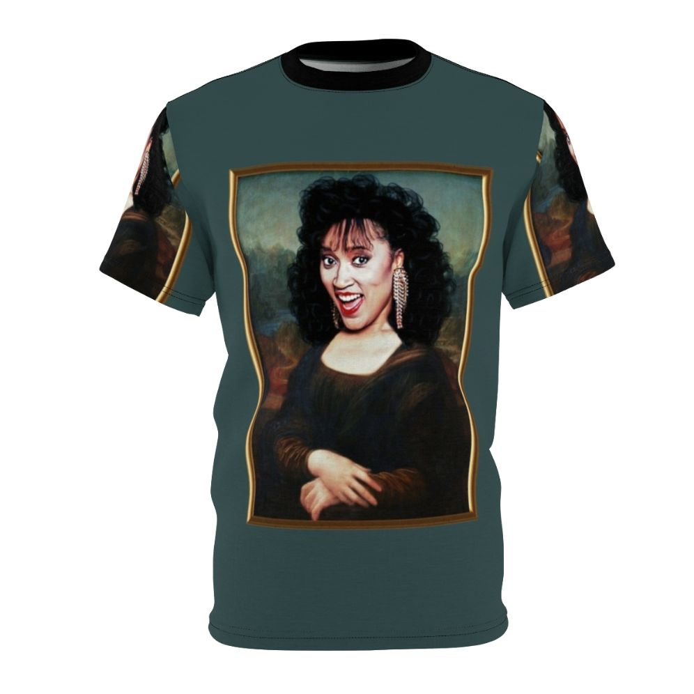 Mona Lisa and Jackee Harry Pop Art T-Shirt featuring an artistic mashup of the classic Mona Lisa painting and the iconic actress Jackee Harry from the '80s sitcom Sister Sister.