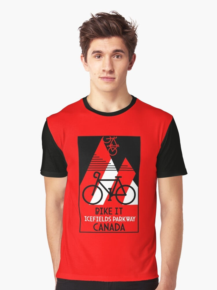 Graphic T-shirt design featuring a cyclist riding on the Icefields Parkway in the Canadian Rockies, Alberta, Canada - Men