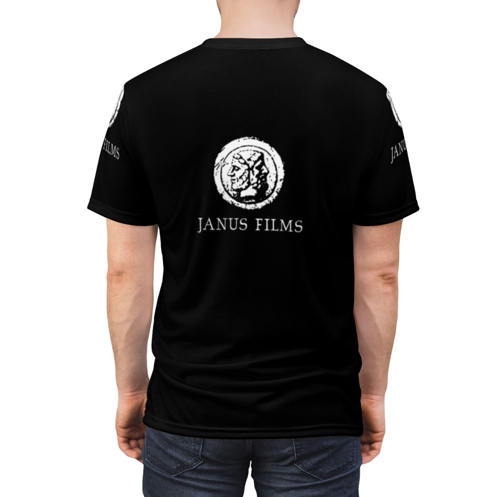 A high-quality all-over print t-shirt featuring the iconic Janus Films logo, designed for classic cinema and film enthusiasts. - men back