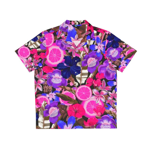 blue hawaiian shirt with colorful floral and fruit pattern