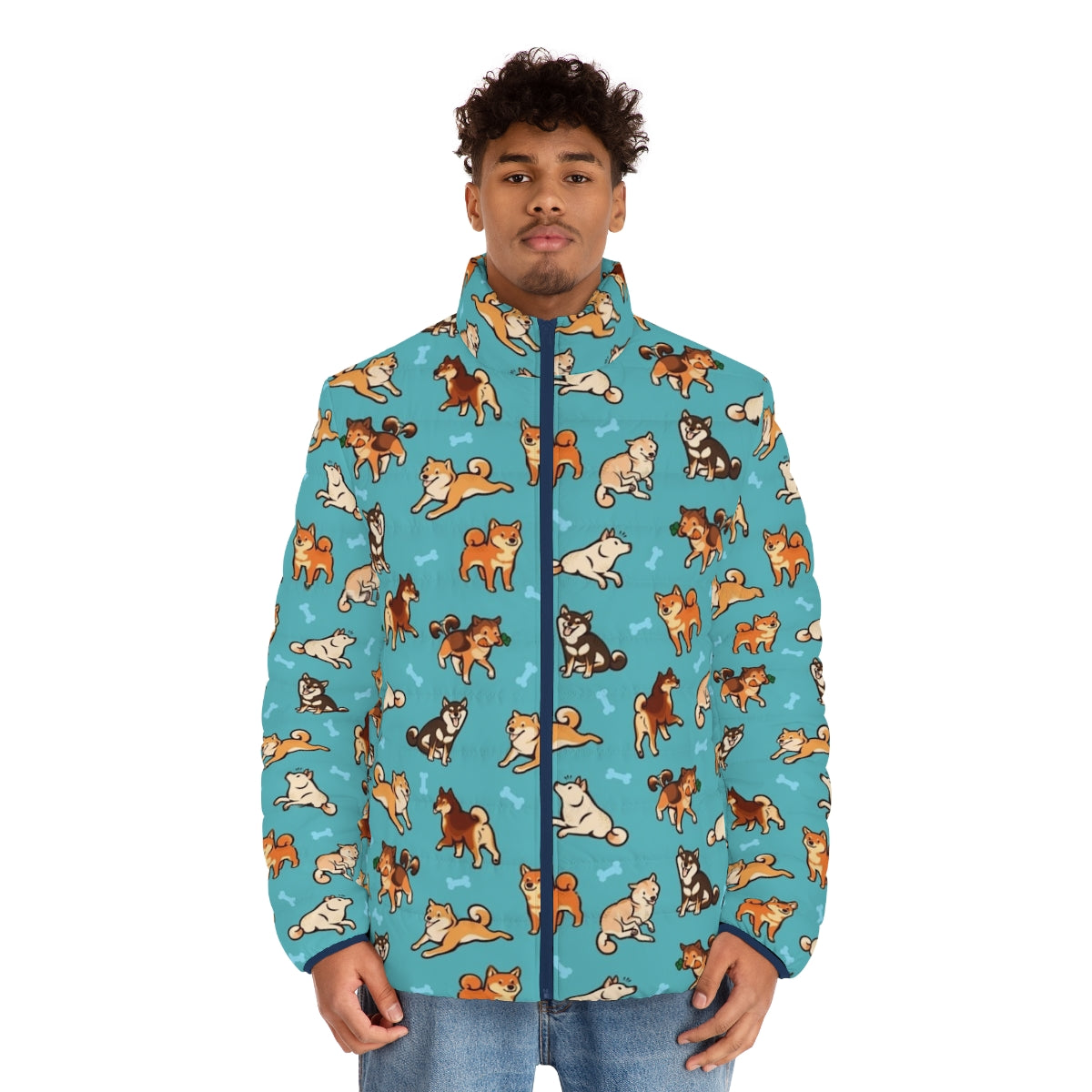 Shiba inu wearing a blue puffer jacket with a cute dog pattern - men front