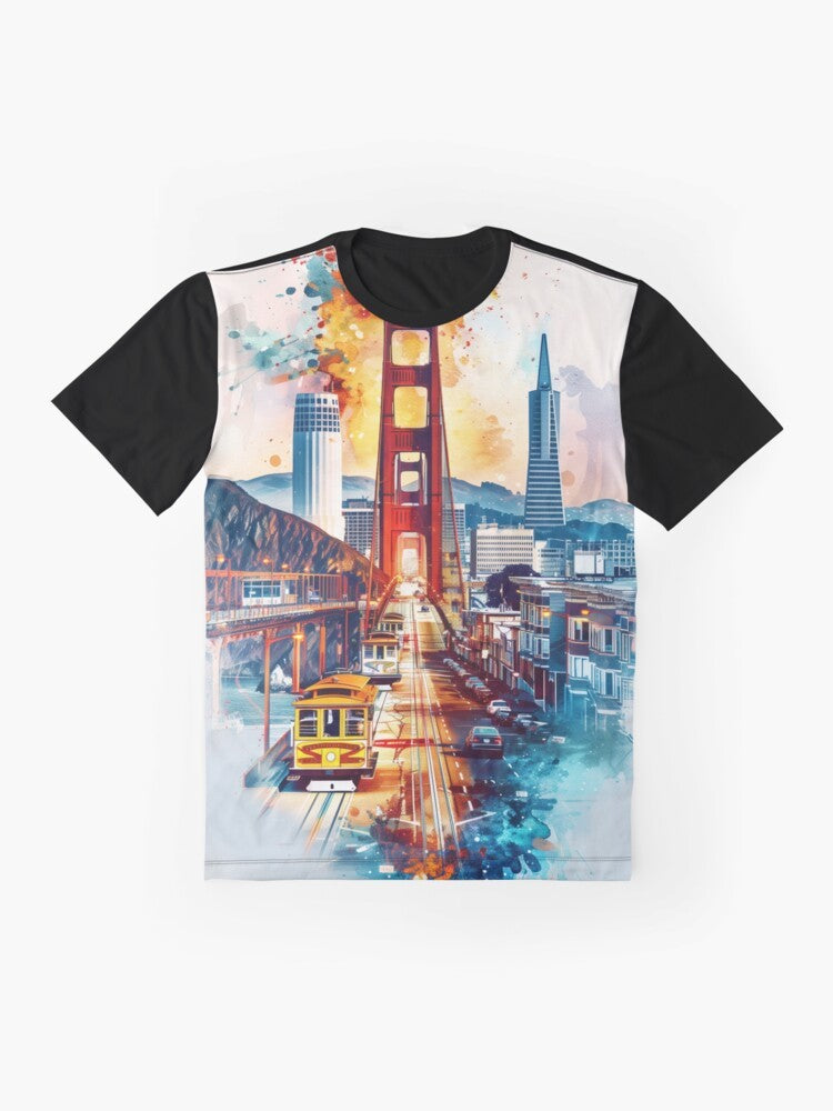 Graphic t-shirt featuring the iconic San Francisco Golden Gate Bridge and cable cars in a vibrant, artistic collage design. - Flat lay