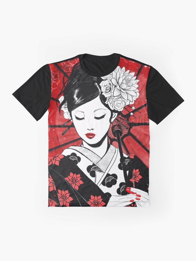 Geisha Japan Graphic T-Shirt featuring a modern, pop art design with a Japanese geisha, flowers, and umbrella in red, white, and black. - Flat lay