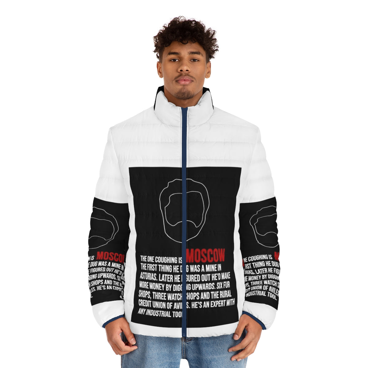 House of Money Moscow Puffer Jacket - Money Heist Inspired Lineart Fanart - men front