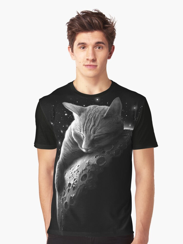 Graphic illustration of a cat wearing an astronaut suit against a starry night sky background - Men