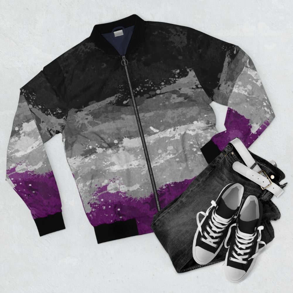 Asexual pride abstract paint splatter pattern bomber jacket - Flat lay