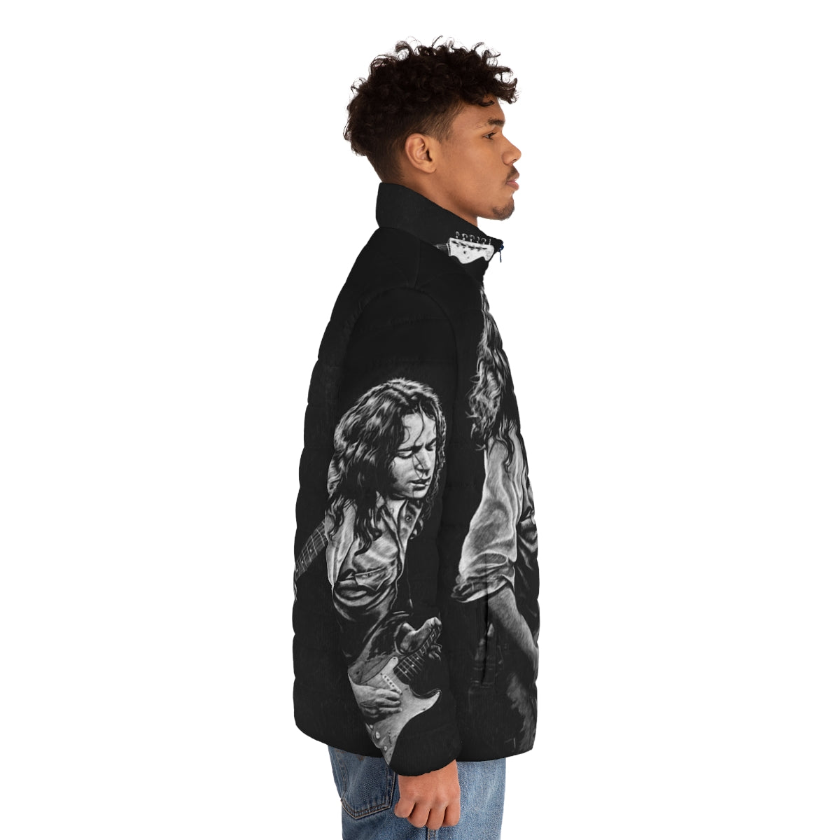 Rory Gallagher Drawing Puffer Jacket - Iconic Artwork of Legendary Irish Guitarist - men side right