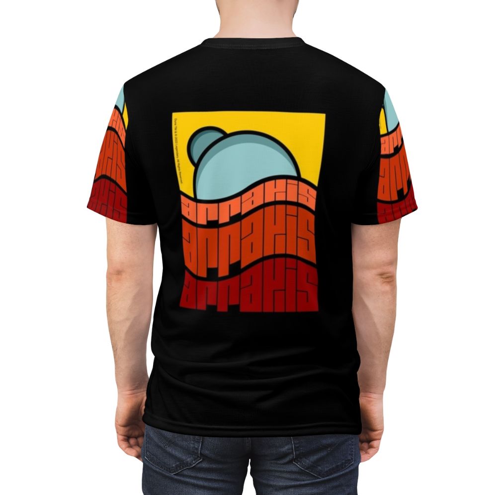 Dune inspired desert sci-fi movie t-shirt design with Arrakis landscape and typography - men back