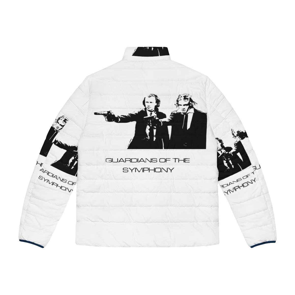 Composers puffer jacket featuring Brahms, Beethoven, and other classical music greats - Back