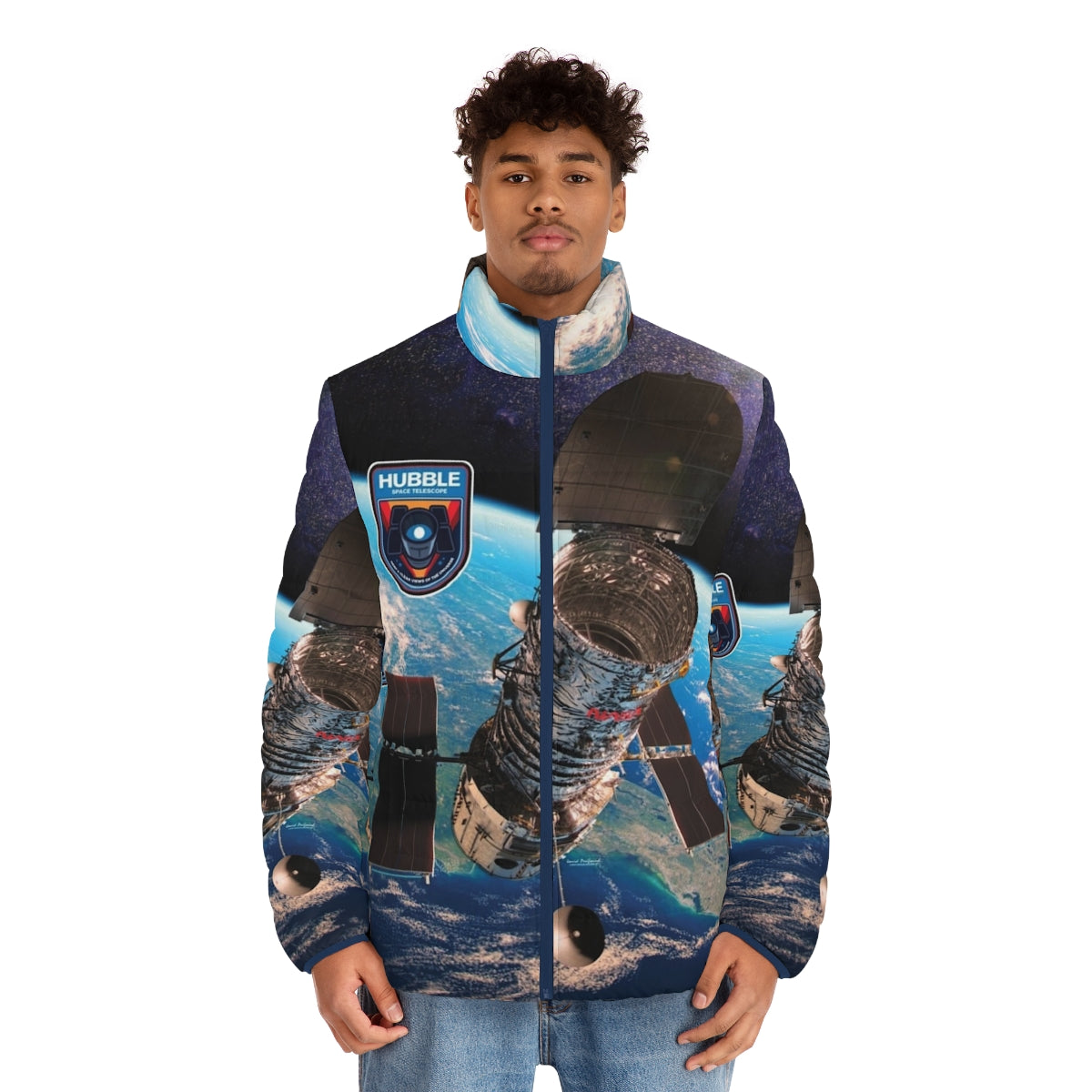 Hubble Space Telescope Puffer Jacket featuring stunning deep space imagery - men front