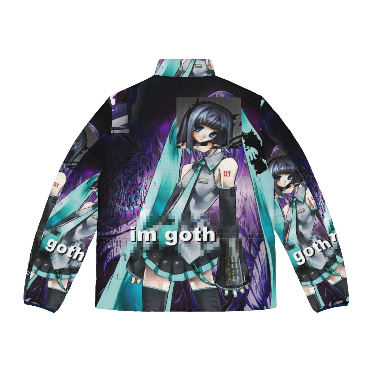 Goth-inspired puffer jacket with anime-style graphics and Omocat brand elements - Back