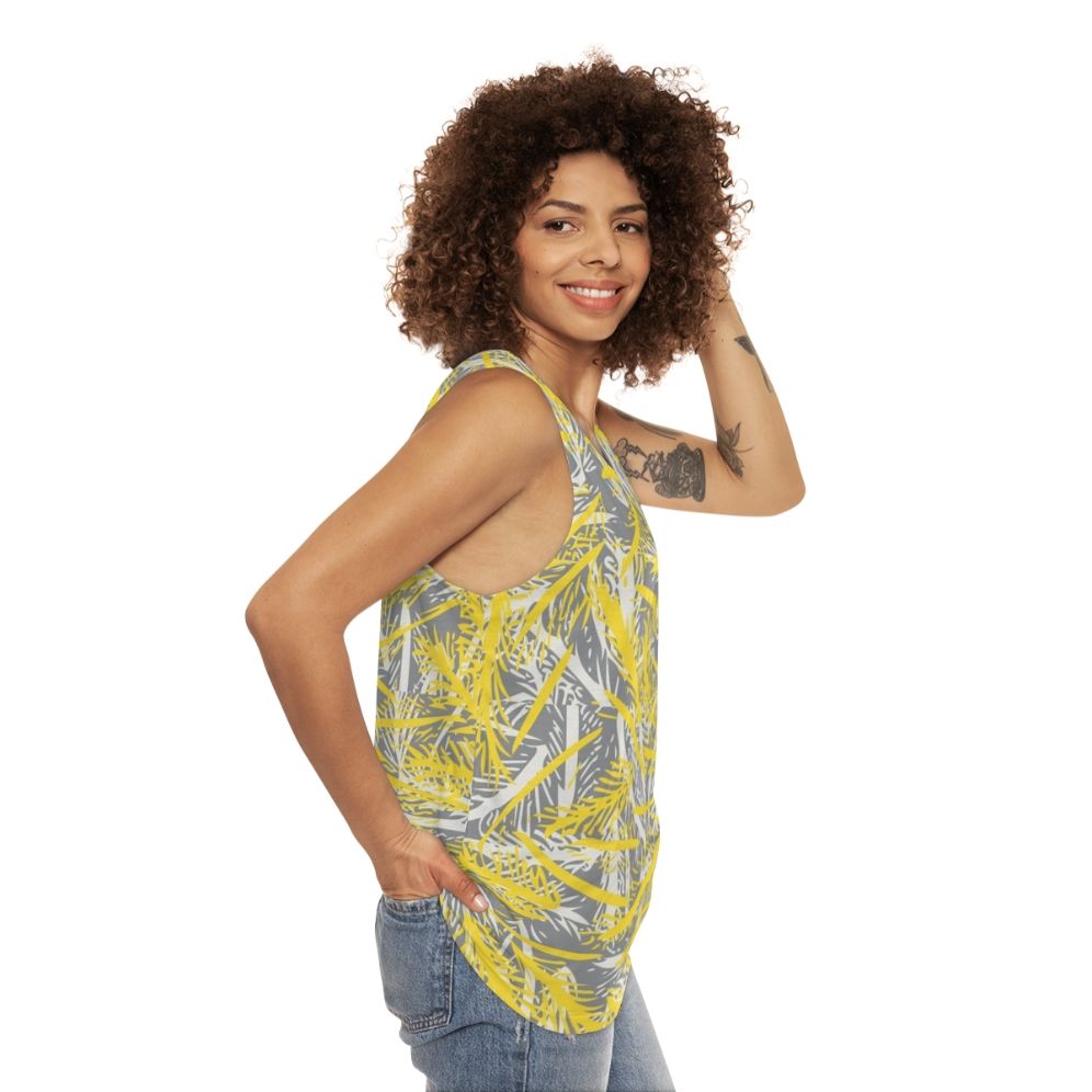 Unisex tank top in ultimate gray with feather design - women side