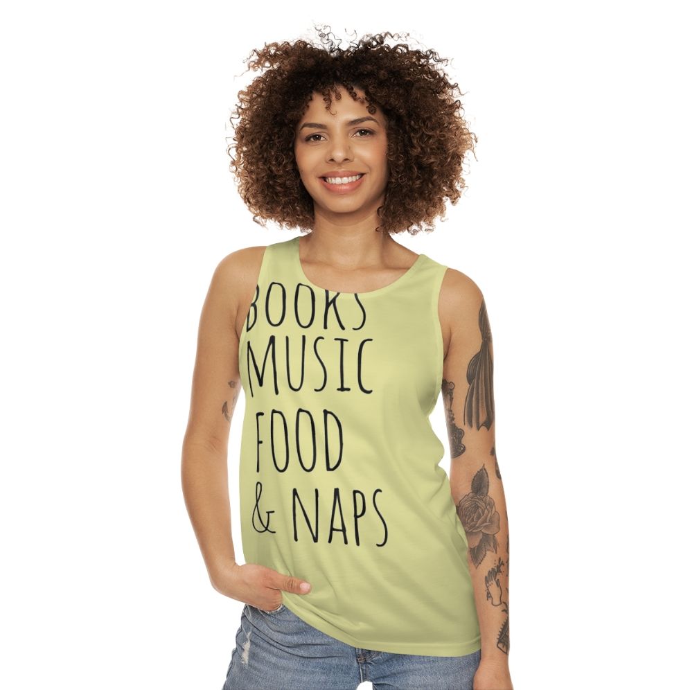 Books, Music, Food & Naps Unisex Tank Top - women