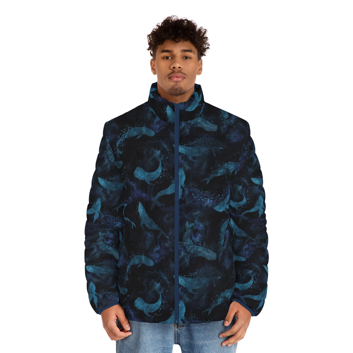 Indigo blue puffer jacket featuring whales and marine life design - men front