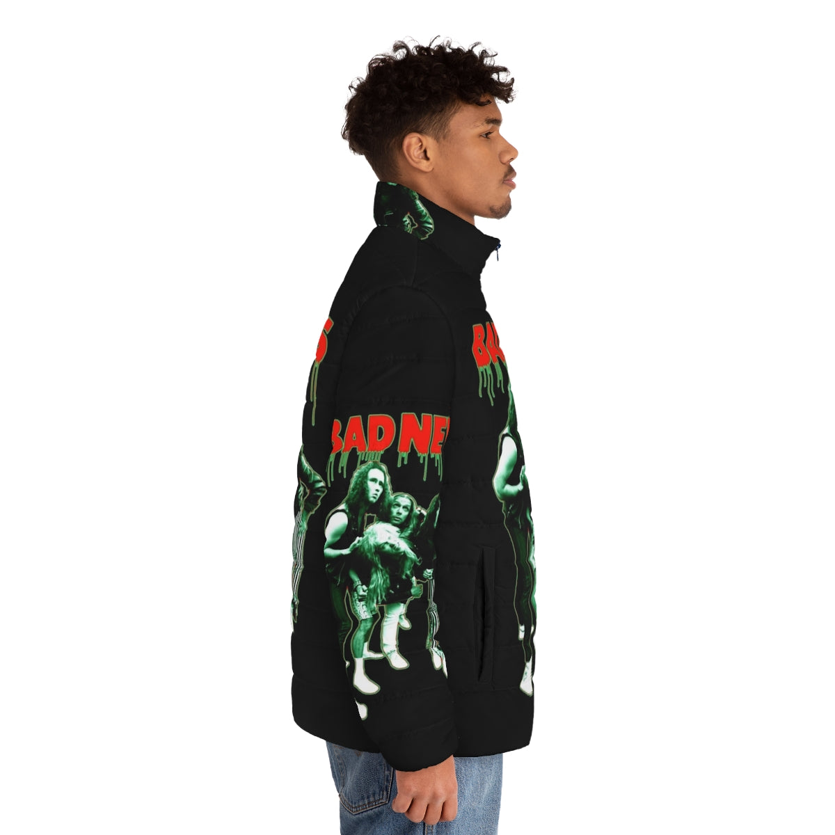 Bad News Puffer Jacket - Iconic 90s comedy-inspired metal band design - men side right