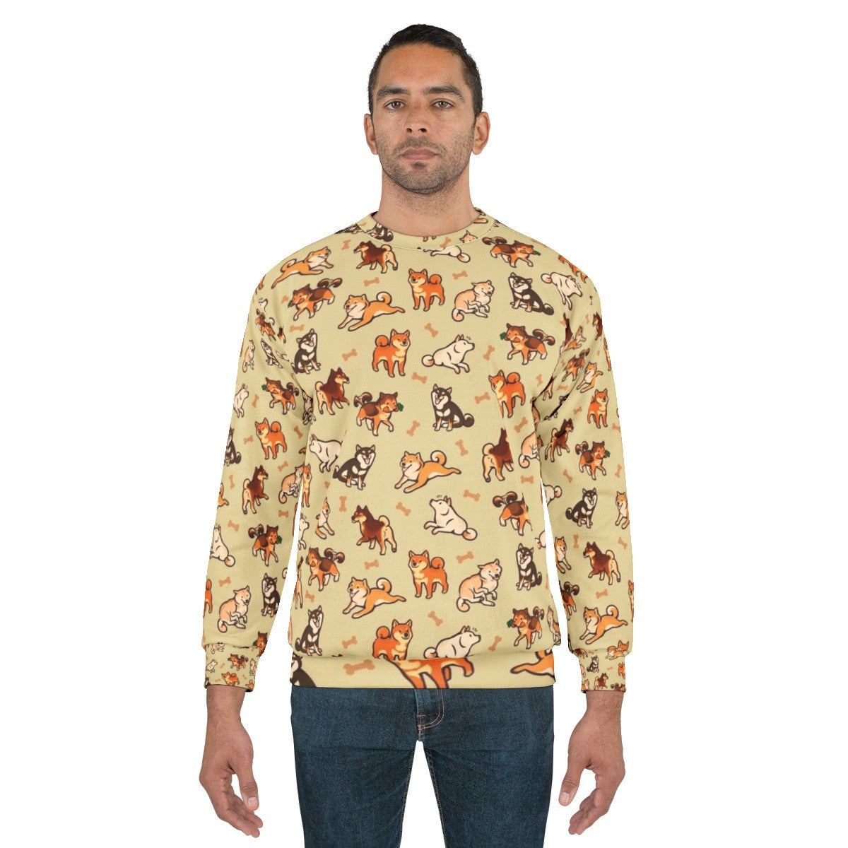 Shiba Inu Cream Sweatshirt with Cute Dog Pattern Design - men