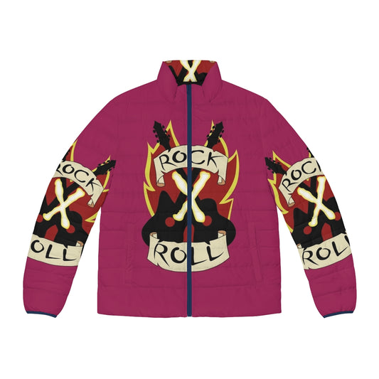 Rock N Roll Gambit puffer jacket featuring a retro music and gaming design