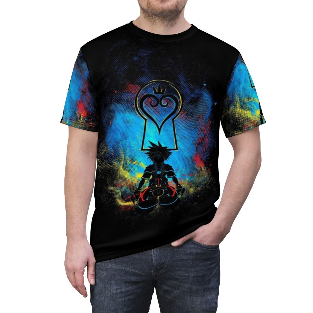 Stylized kingdom-inspired fan art design on a t-shirt featuring Sora and other elements from the Kingdom Hearts video game series. - men front