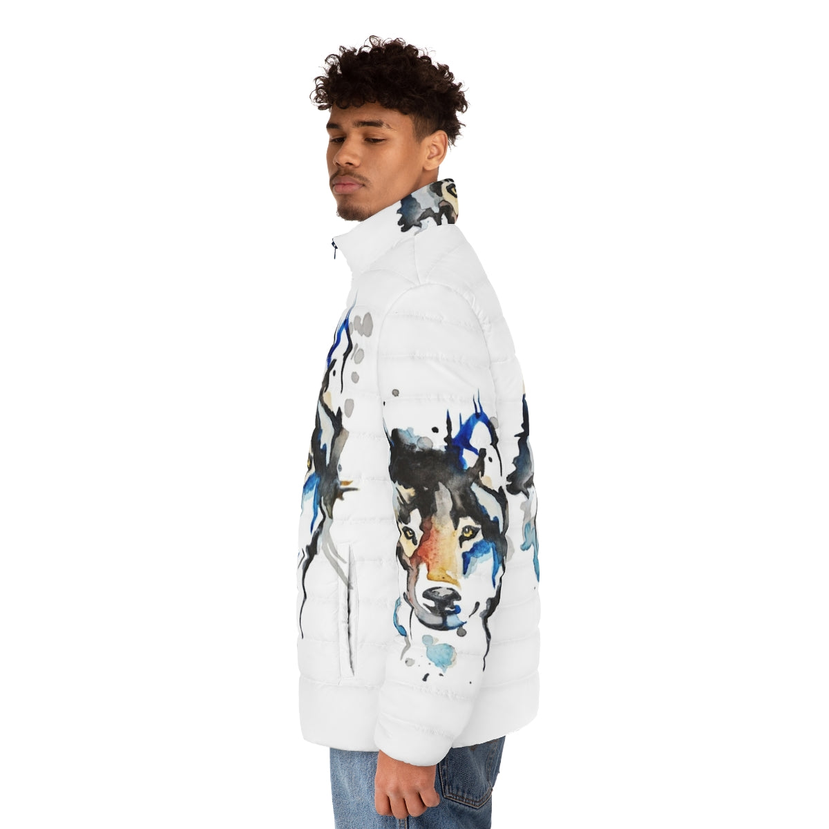 Watercolor wolf puffer jacket with abstract art design - men side left