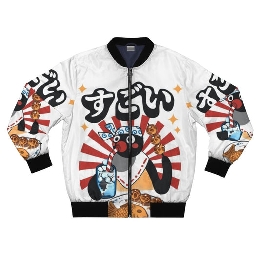 A stylish bomber jacket featuring a cute pingu penguin design inspired by Japanese matsuri festivals.