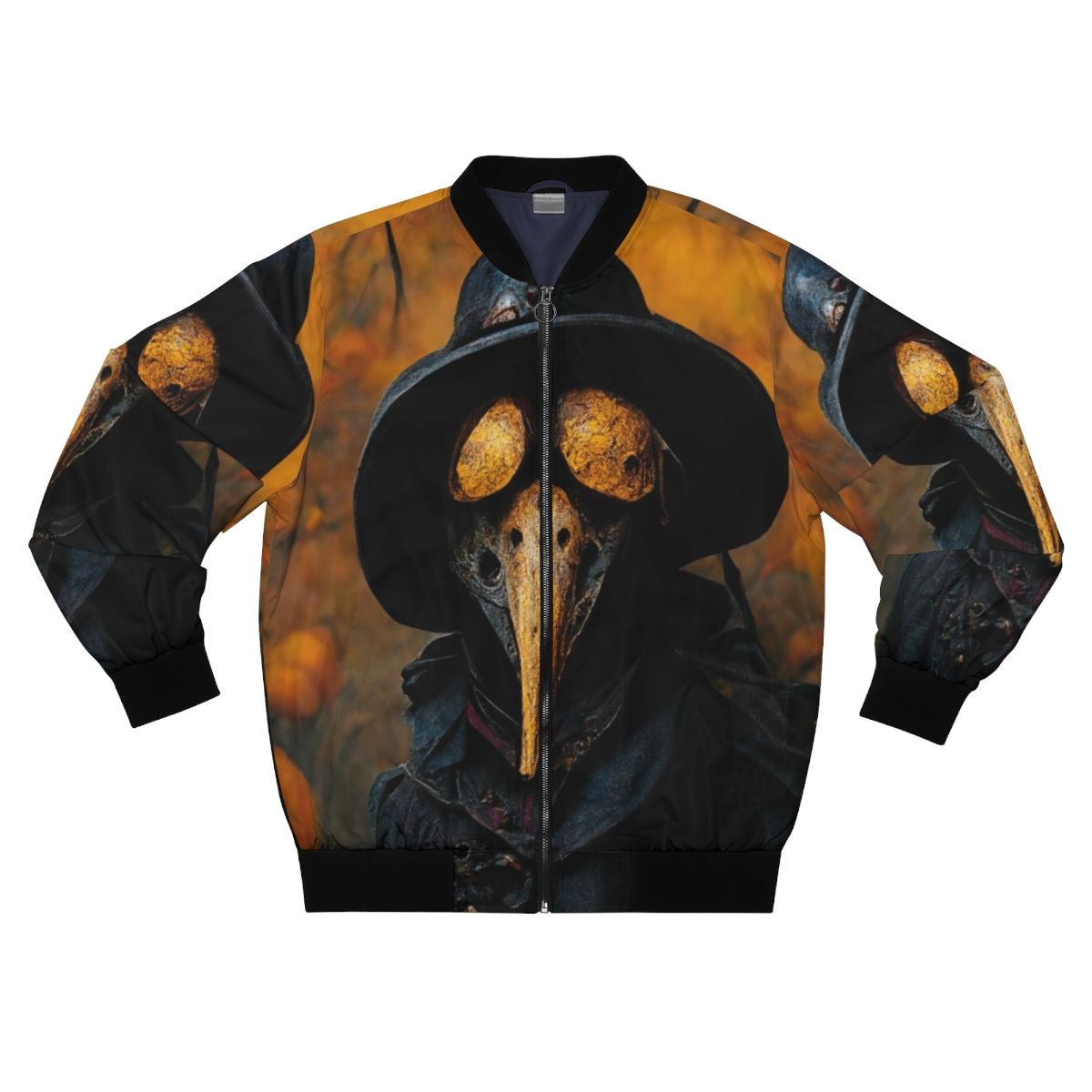 A plague doctor-inspired bomber jacket with a dark, spooky design perfect for Halloween.