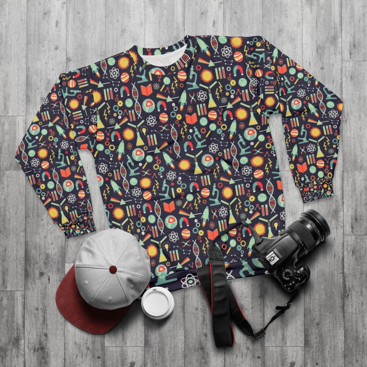 Women's science sweatshirt with laboratory and space-themed design - flat lay