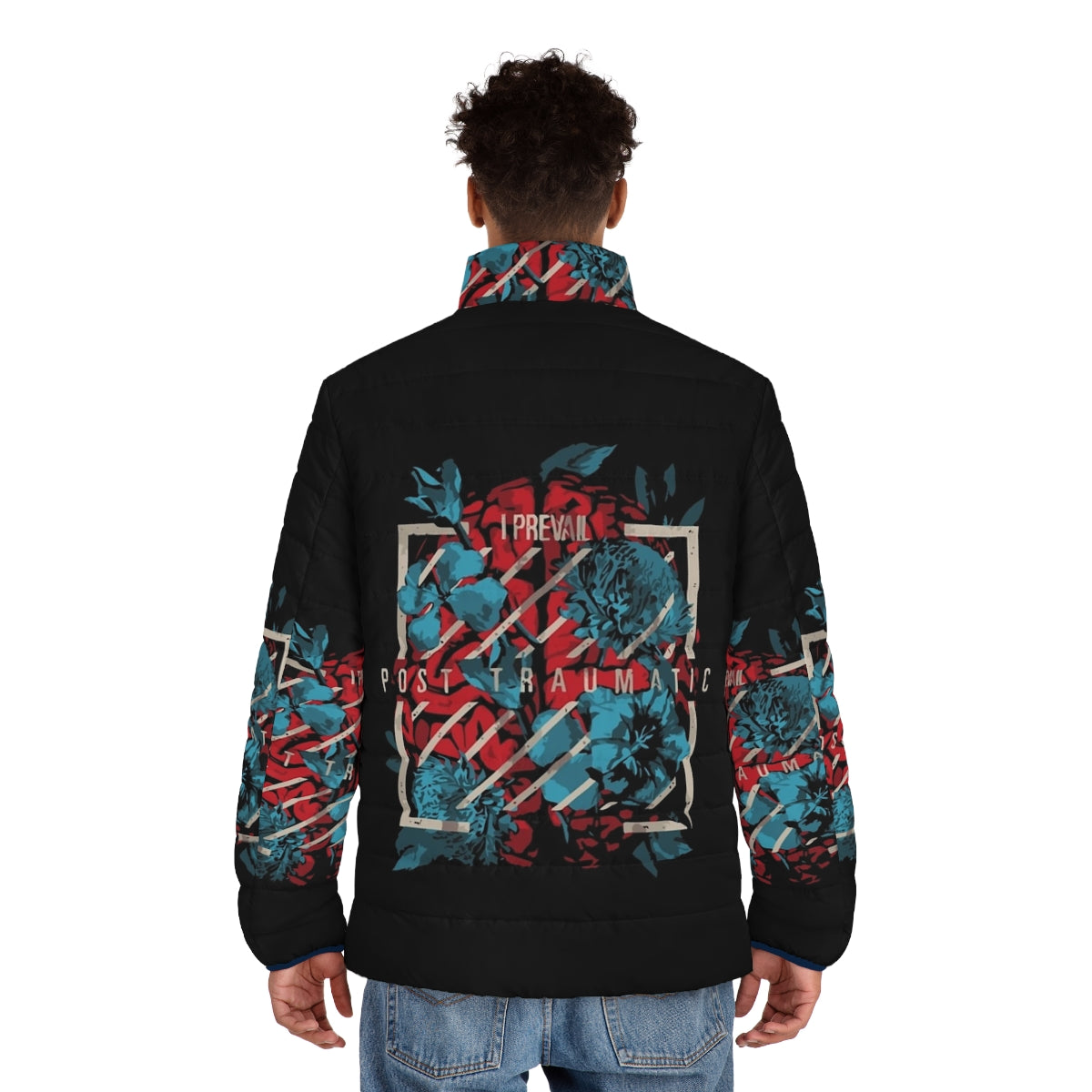 I Prevail Puffer Jacket featuring the band's logo and name - men back