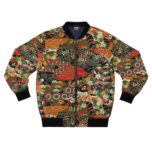 A traditional Japanese-inspired bomber jacket with a vibrant floral pattern in red, blue, and other colors.