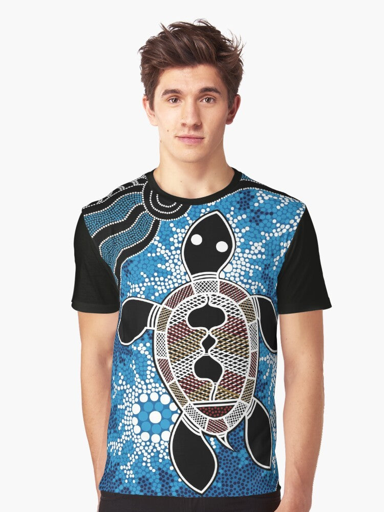 Authentic Aboriginal Art T-Shirt featuring a sea turtle design in the Dreamtime style - Men