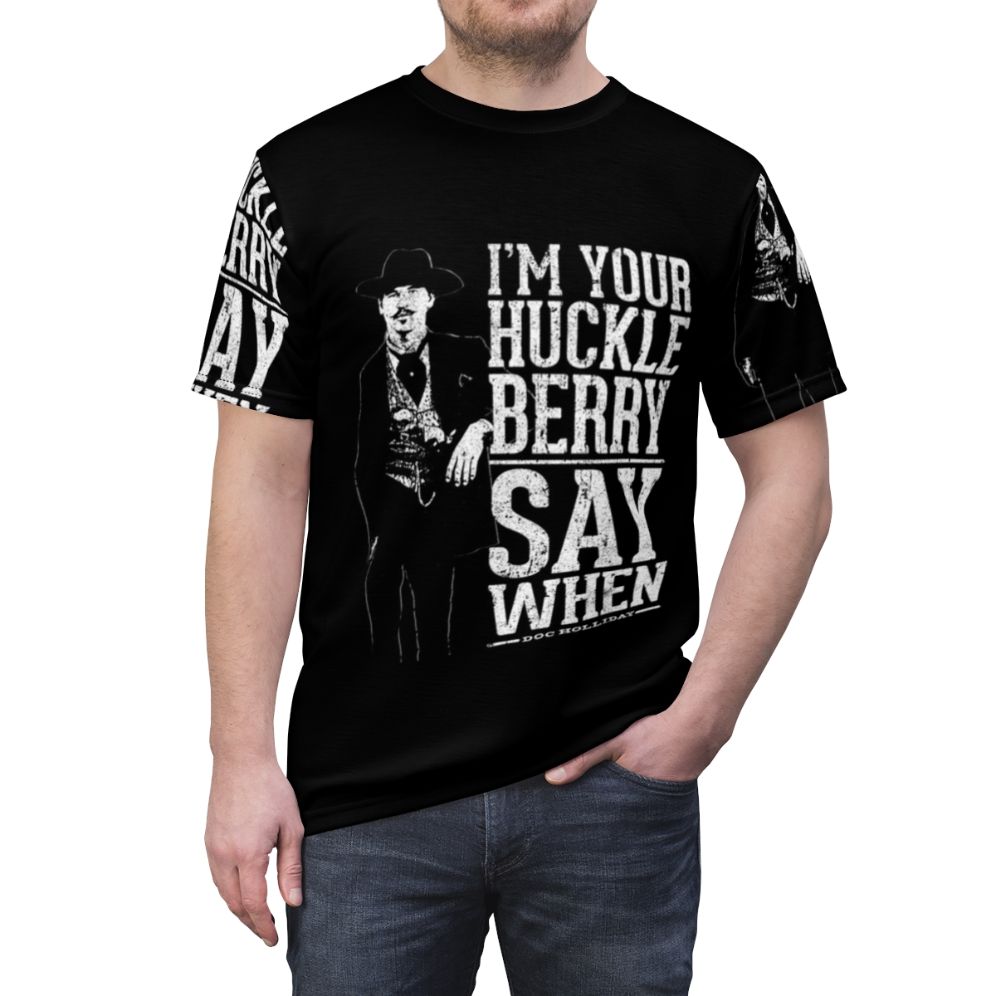 Vintage-style "I'm Your Huckleberry" t-shirt featuring a quote from the classic Western movie Tombstone. - men front