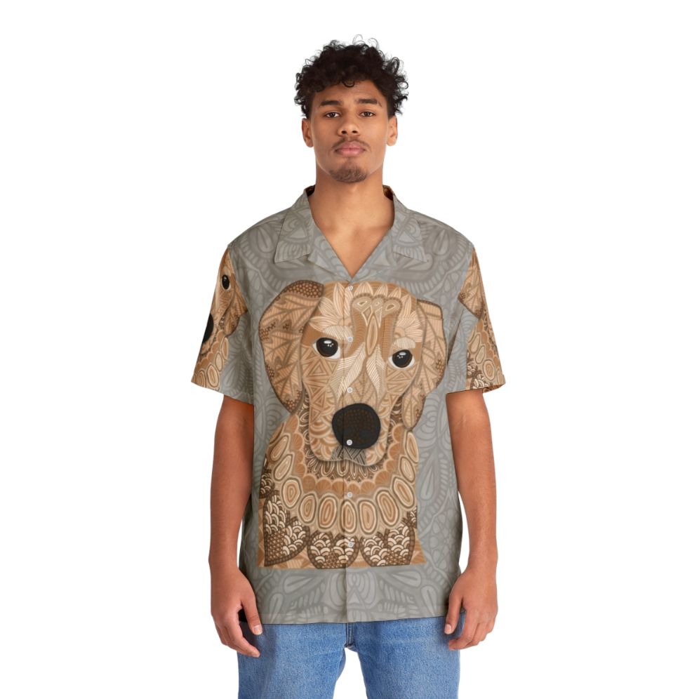 Tropical golden retriever dog pattern Hawaiian shirt - People Front